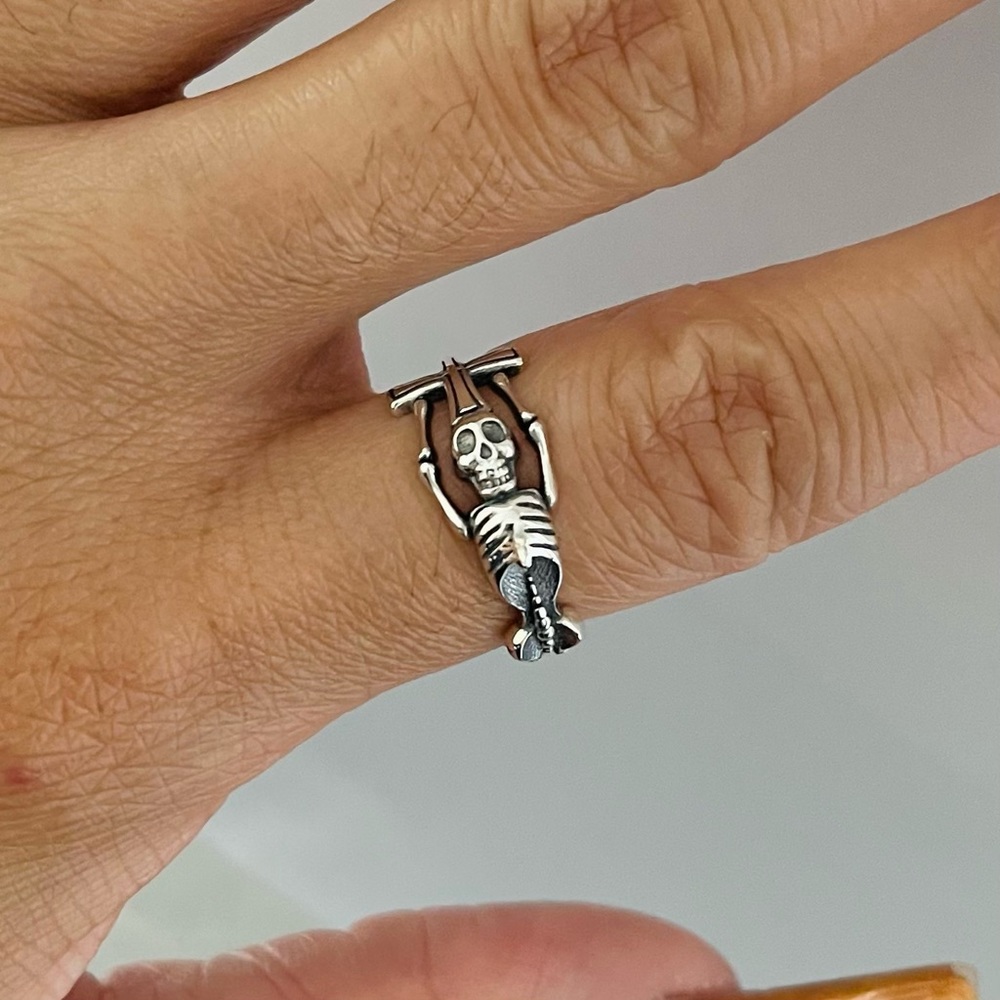 Sterling silver skeleton with cross ring, skeleton ring, cross ring, skeleton